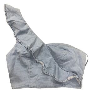 Denim One Shoulder Ruffle Bustier